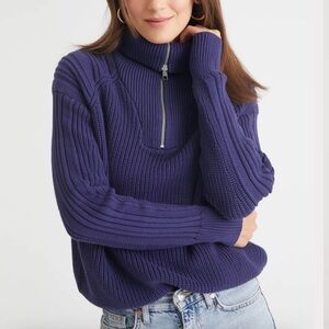 525 America Women's Small Nina 3/4 Zip Sweater Chunky Knit Turtleneck BLACK Pop